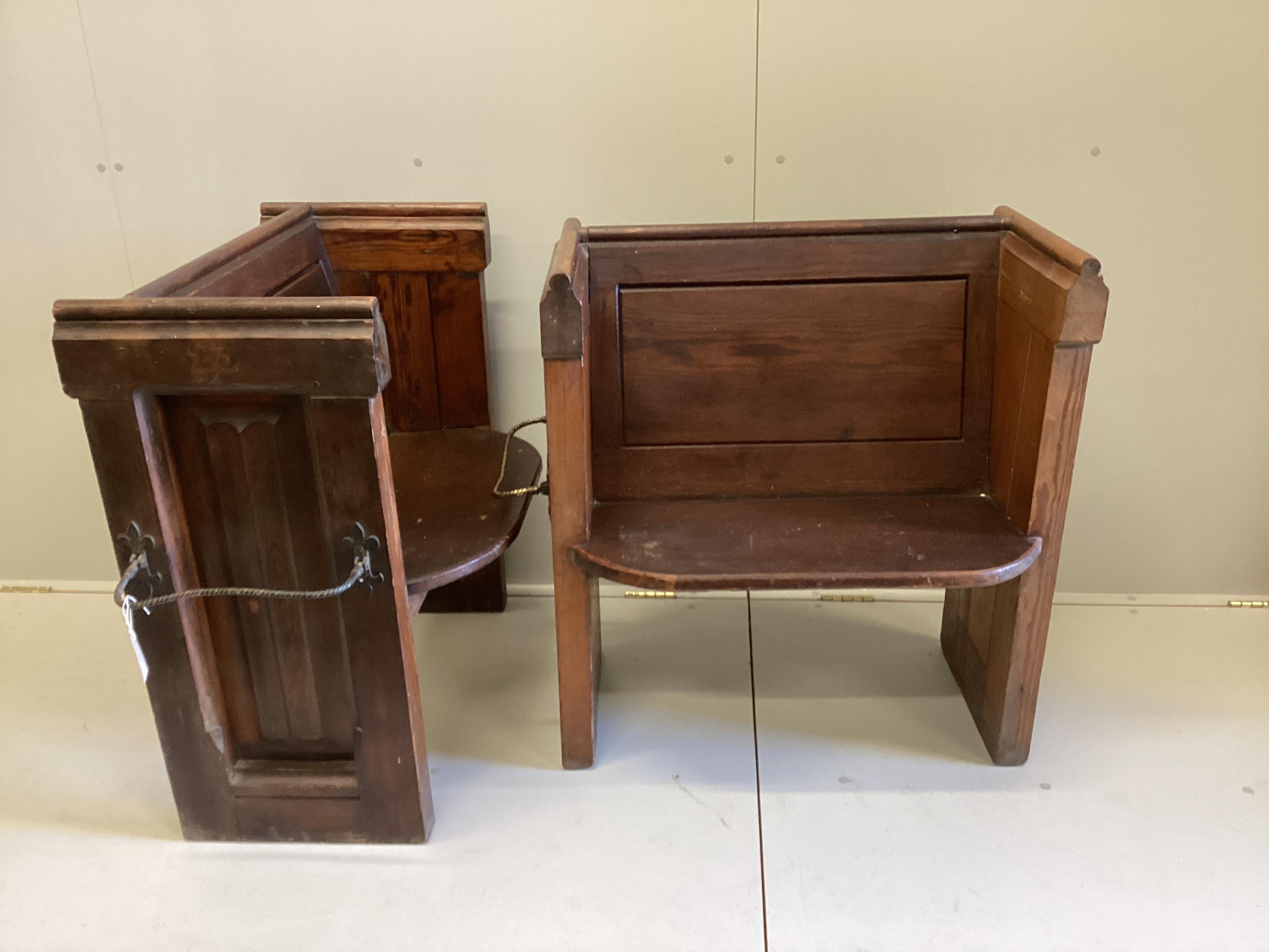 A pair of Victorian pitch pine brass mounted pew seats, width 78cm, depth 48cm, height 83cm